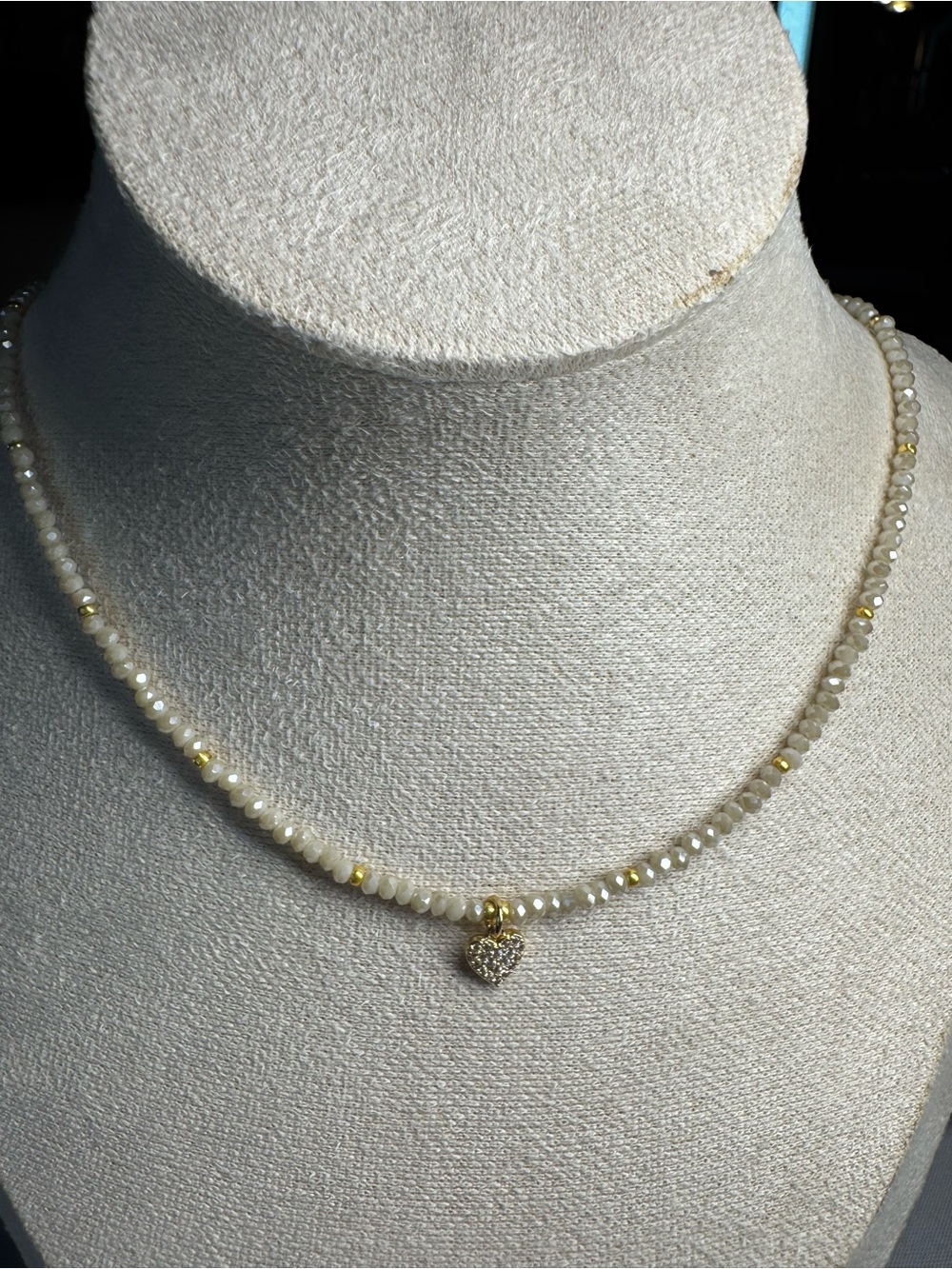 Delicate Cream Beaded Necklace with Gold Heart Pendant